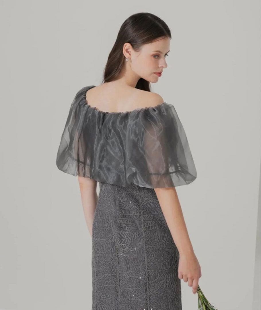 leja 2WAYオフショルダーパフスリーブマーメイドワンピースドレス グレーＳ