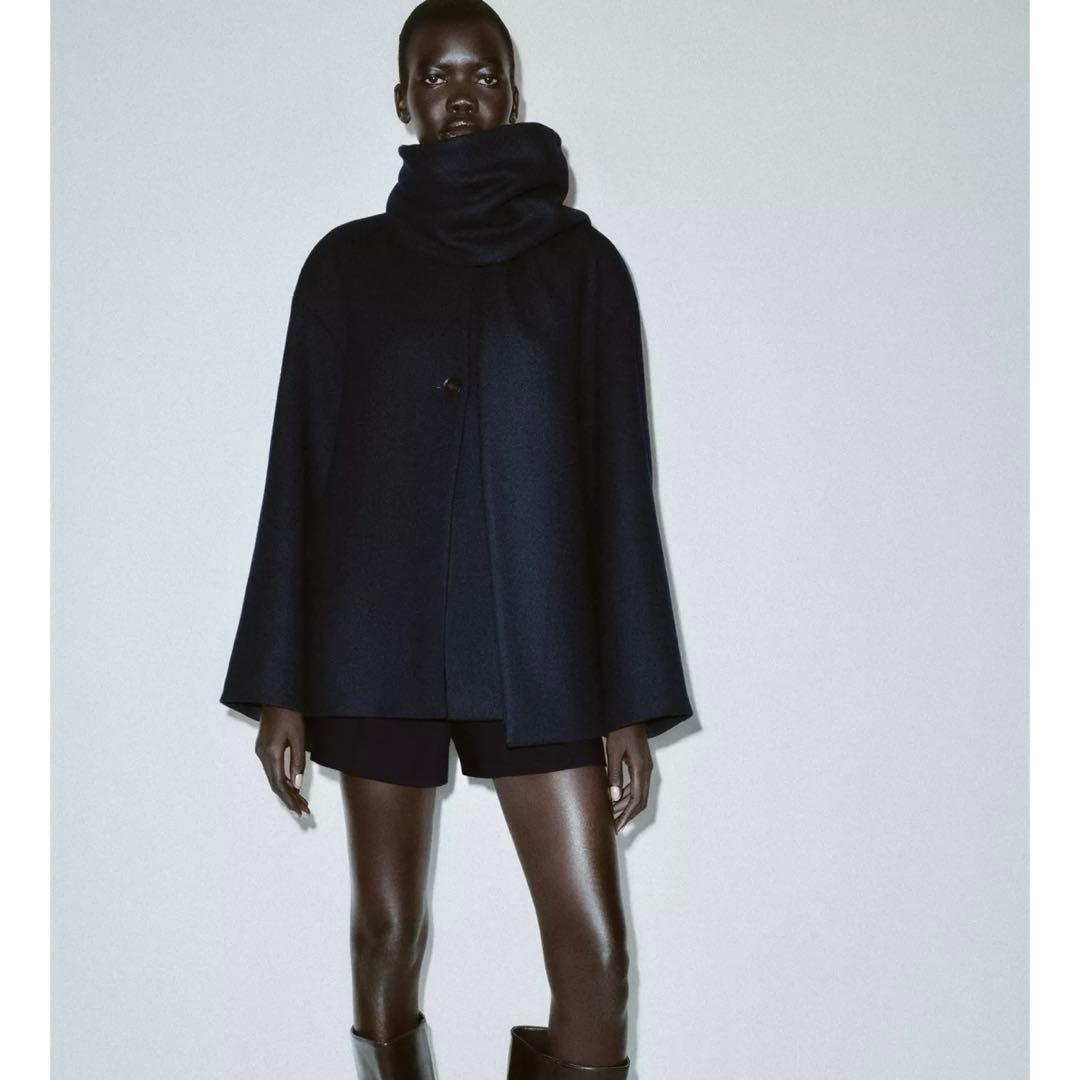 新品タグ付き ZARA ウールショートスカーフコート Sサイズ ネイビーブルー