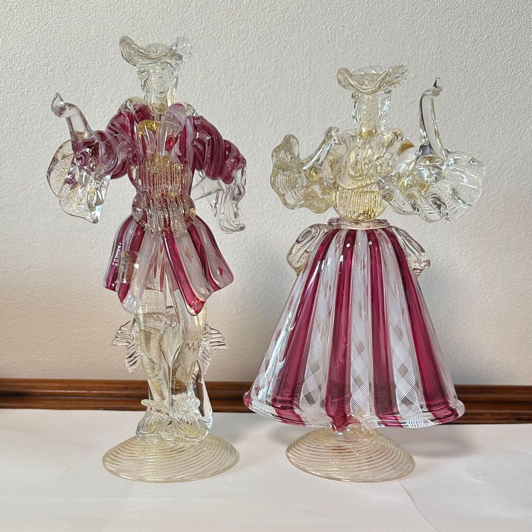 ☆ムラーノ☆ベネチアングラス☆バラリンレース／金彩☆大型 フィギュリン☆2体☆