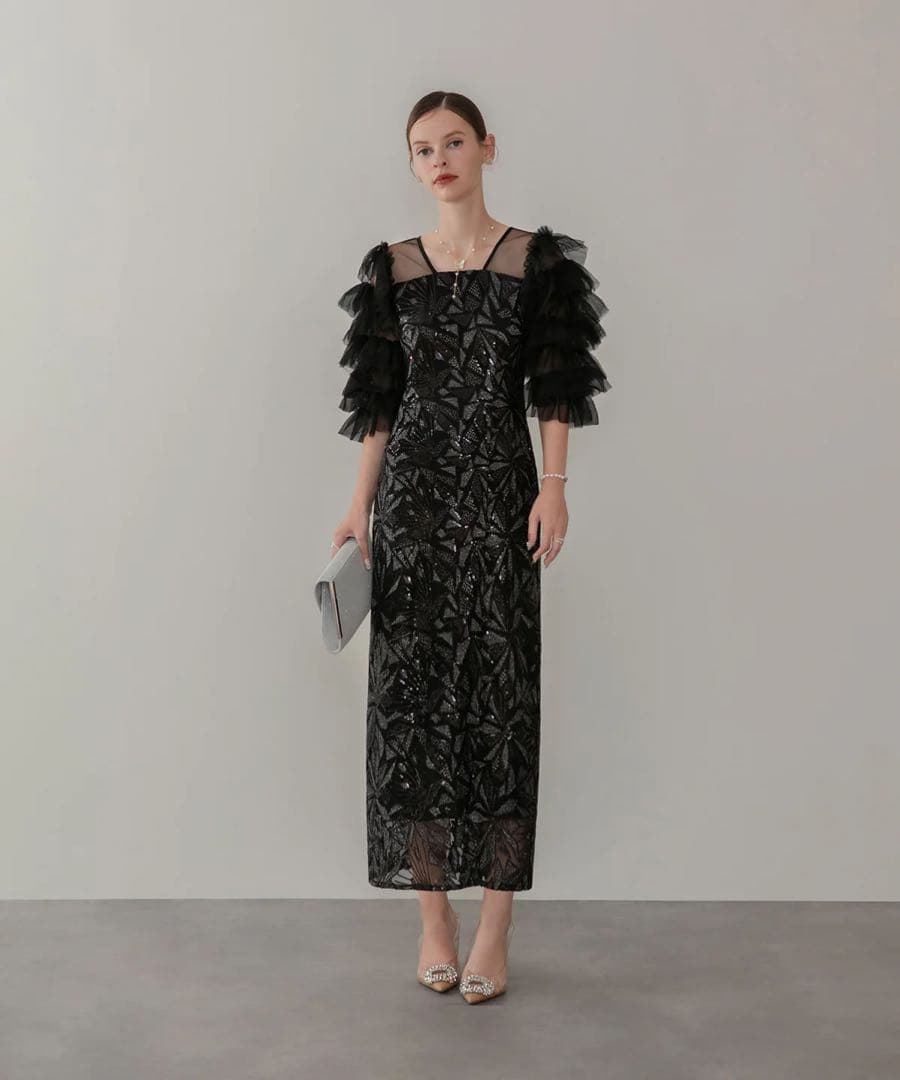 LEJA チュールフリルスリーブスパンコールIラインワンピースドレス