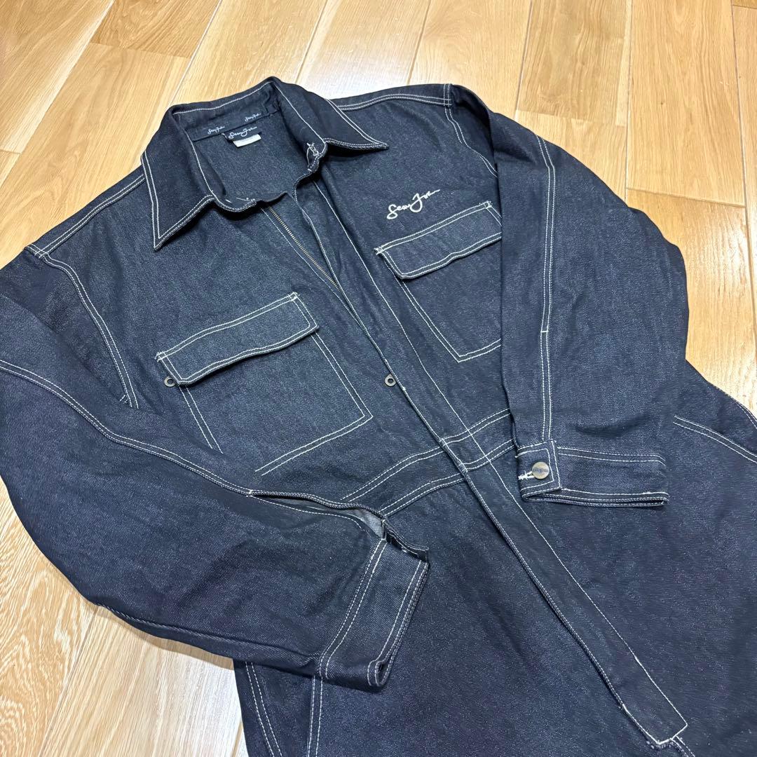 希少 極美品 SEAN JOHN オーバーオール M 黒デニムツナギ刺繍 当時物