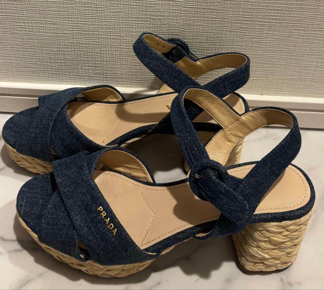 PRADA デニムウェッジソールサンダル