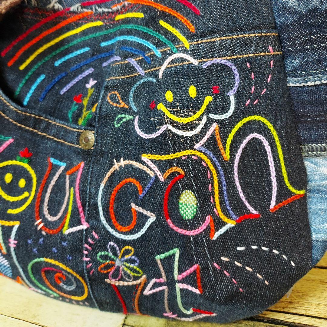 刺繍デニムバック　No.671　デニムリメイク　刺繍バック　サイドポケット