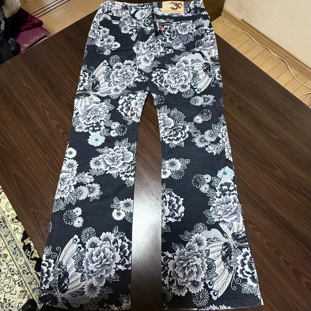 GLAMDY グラムディ　和風花柄パンツ 和柄　牡丹　蝶　サイズ3
