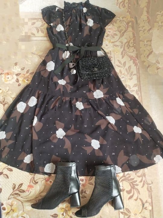 エムズグレイシー シフォンロングワンピース カメリア ドット柄 ベルト付き