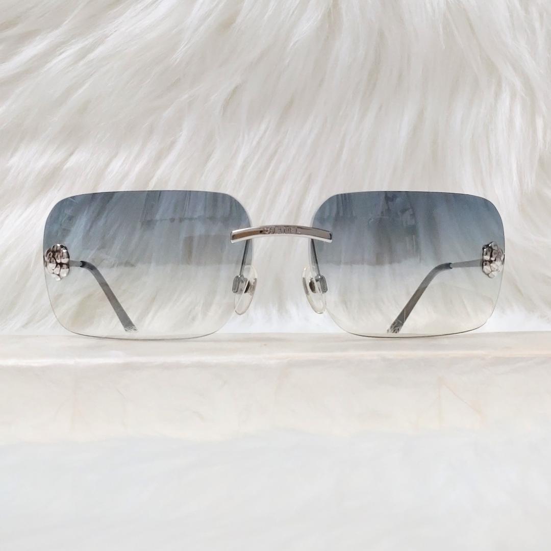 極美品✨CHANEL シャネル サングラス カメリア リムレス ブルー 保存箱