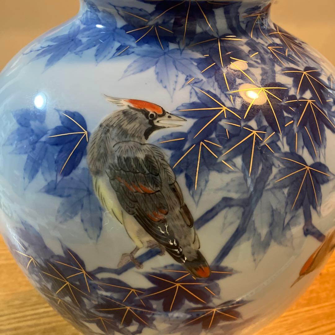 美品　深川製磁　宮内庁御用達　官窯染付　鳥絵　　花瓶1個　高さ約32センチ