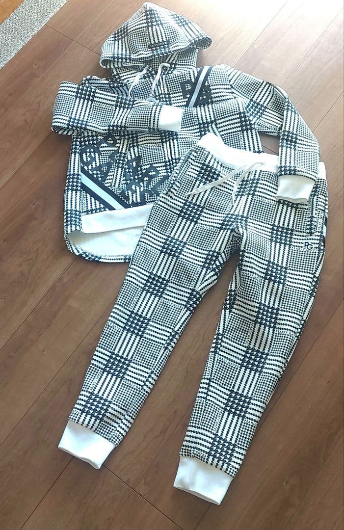 【美品】パーリーゲイツ　千鳥柄　パーカー　パンツ 上下セット チェック　白　黒