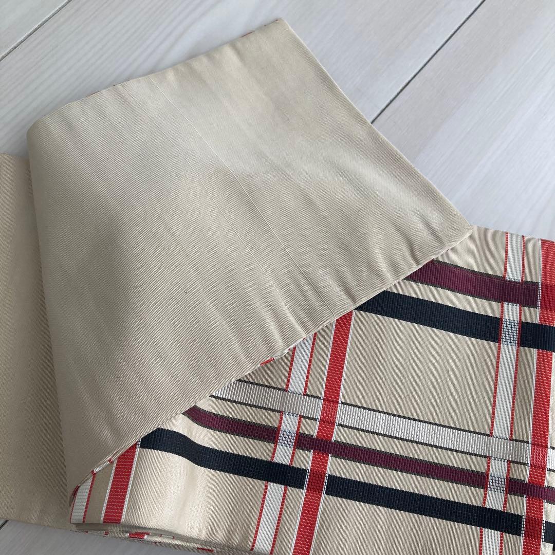 専用　　博多半幅帯　正絹　格子模様　織り出し　淡いベージュ　No.74-00