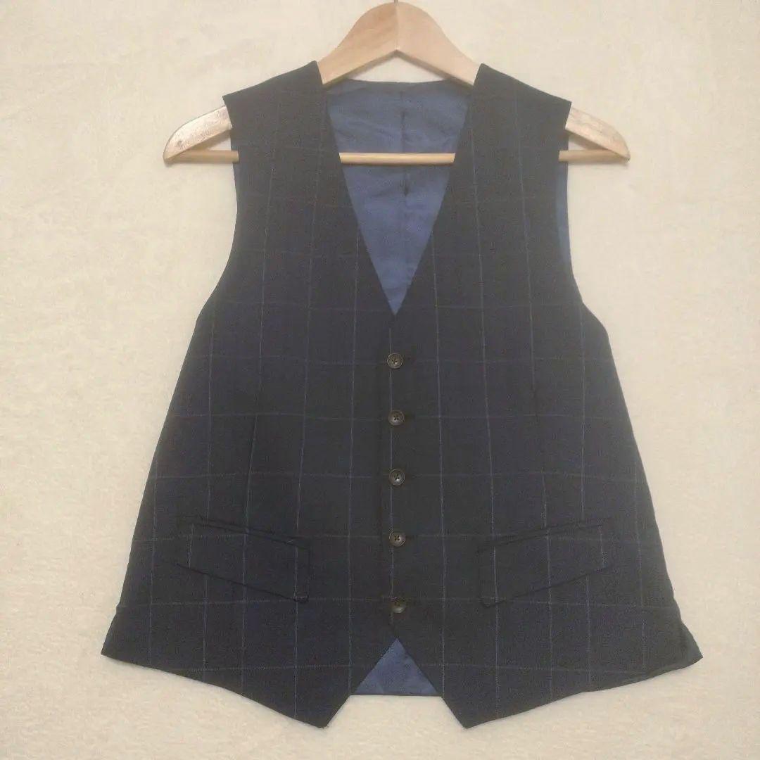 スリーピース　セットアップ　チェック　スーツ　ネイビー　紺　3ピース　背抜き