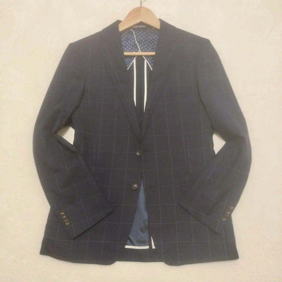 スリーピース　セットアップ　チェック　スーツ　ネイビー　紺　3ピース　背抜き