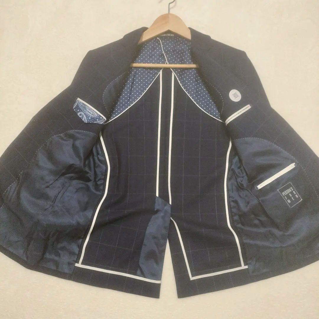 スリーピース　セットアップ　チェック　スーツ　ネイビー　紺　3ピース　背抜き