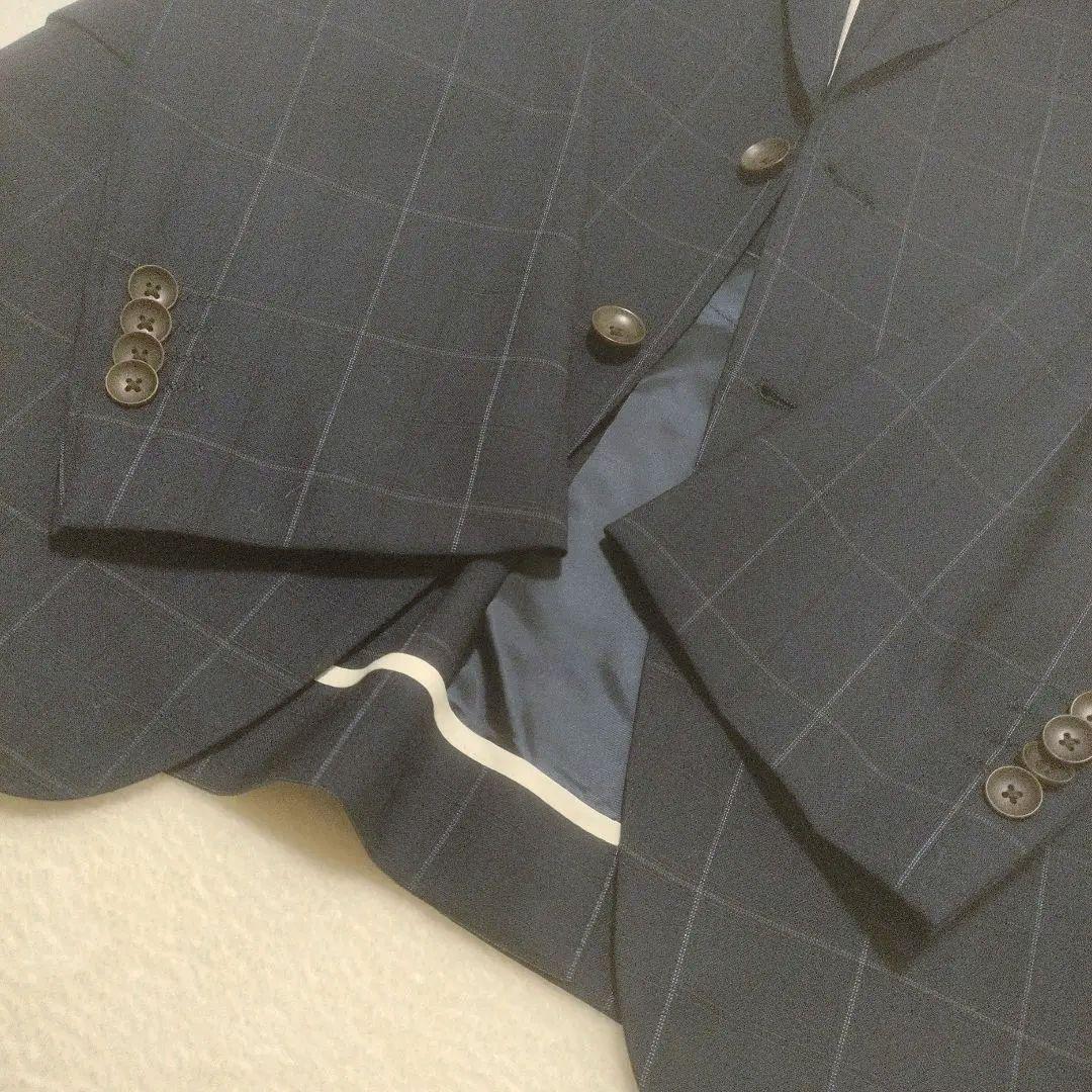 スリーピース　セットアップ　チェック　スーツ　ネイビー　紺　3ピース　背抜き