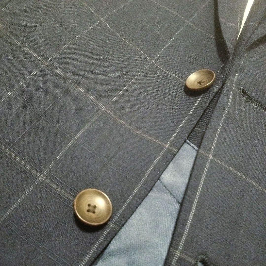 スリーピース　セットアップ　チェック　スーツ　ネイビー　紺　3ピース　背抜き