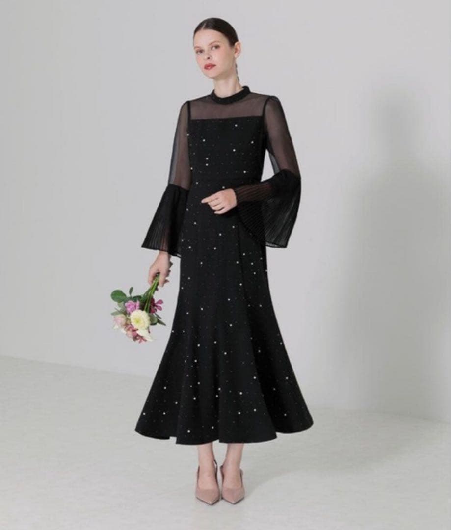 【LEJA】パールビジュー付きプリーツ　マーメイドシルエットワンピースドレス