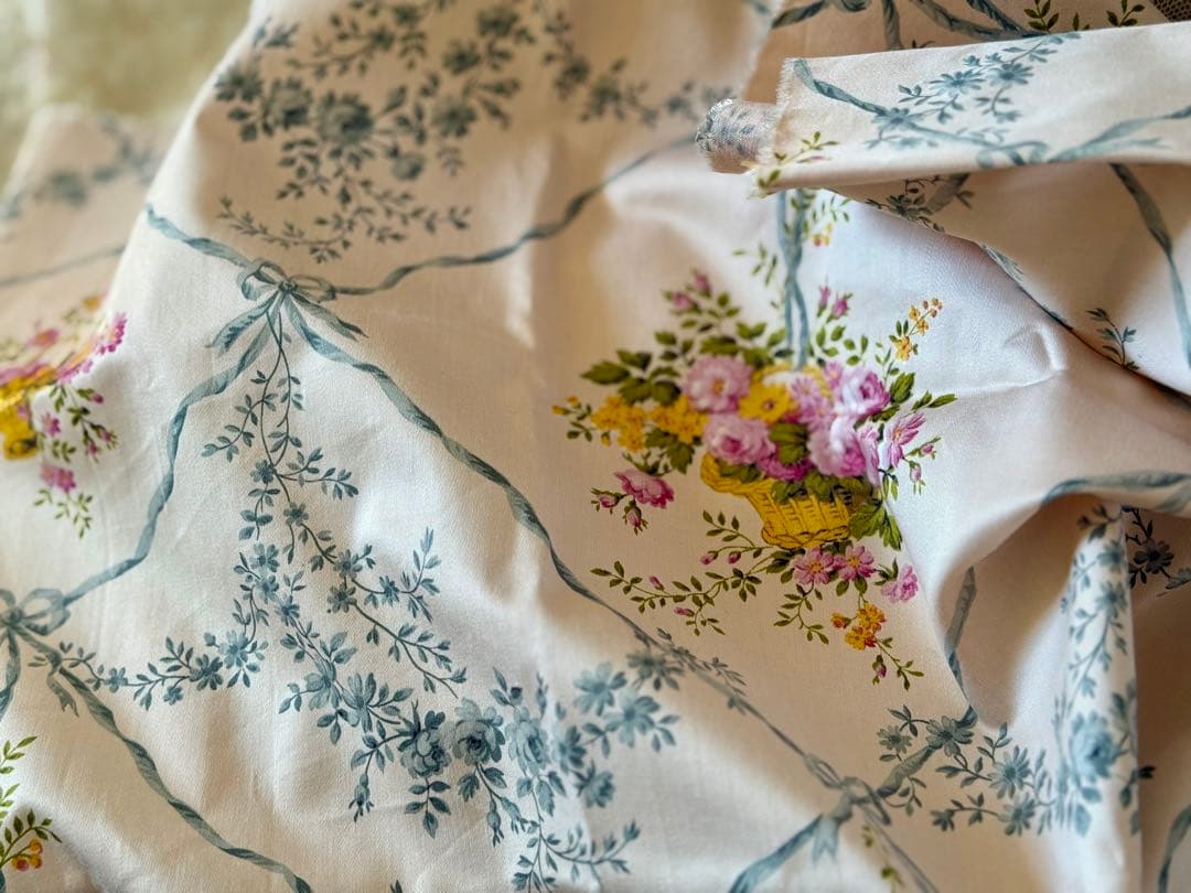 フランス　アンティーク　ファブリック＊リボンとフラワーバスケット＊Textile