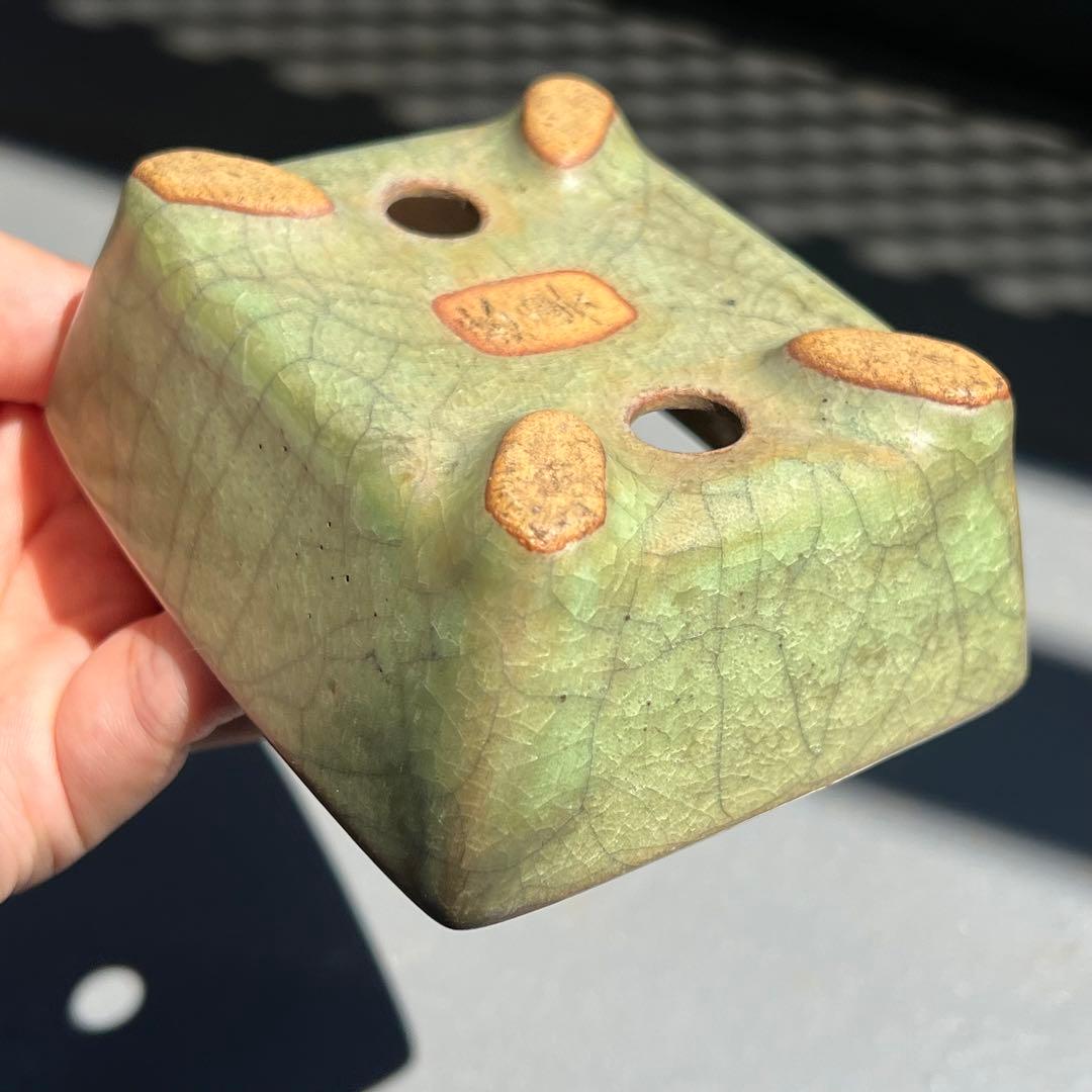 782.暁雲 緑貫入釉長方 盆栽鉢 植木鉢 10*8.7*4.2cm