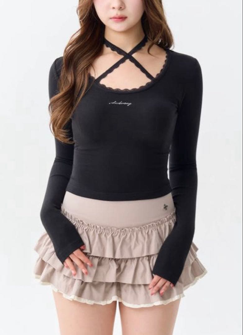 トップス Andwang Cross Lace Long Tee black