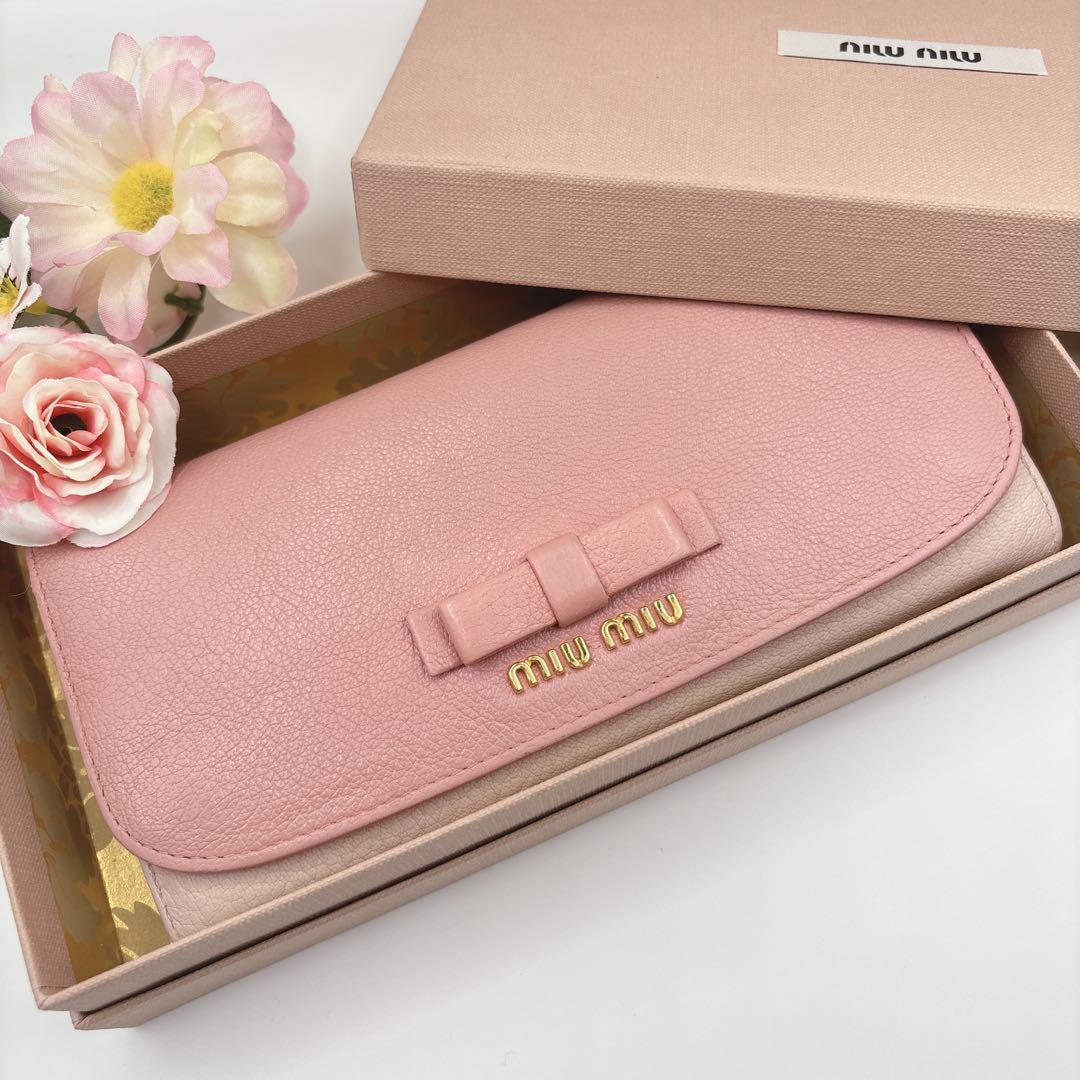 美品♡ミュウミュウ 長財布 マドラス フラップ バイカラー ピンク リボン