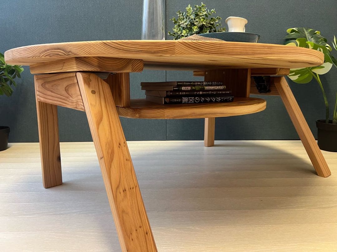 【送料無料】 ローテーブル 半円 収納付き90cm 60cm 杉 折り畳み脚