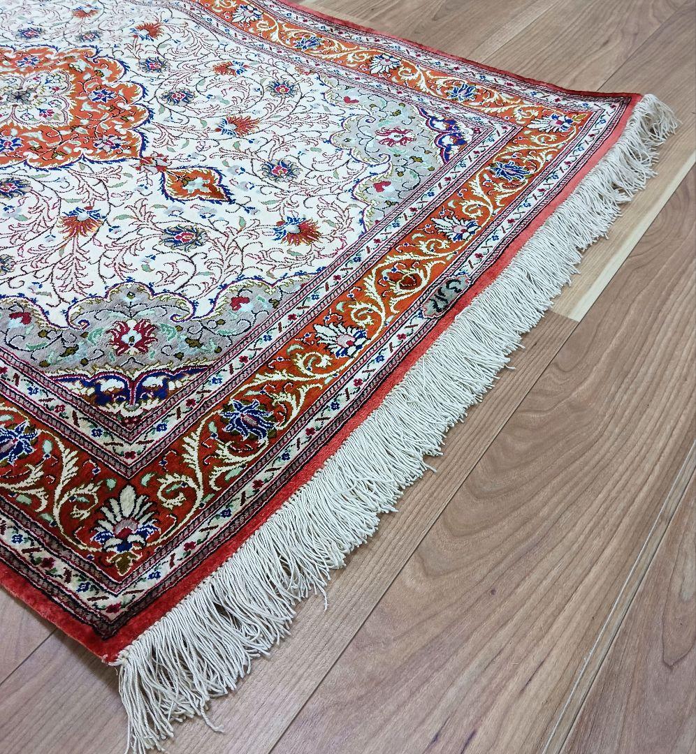 Y3292 高級ペルシャ絨毯 クム産 工房サイン シルク100% 手織り