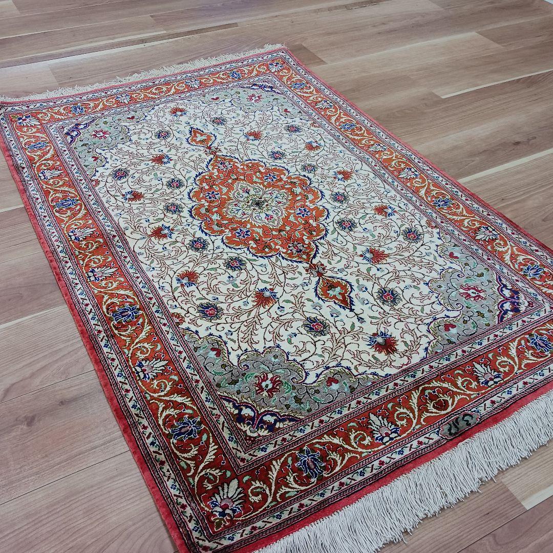 Y3292 高級ペルシャ絨毯 クム産 工房サイン シルク100% 手織り