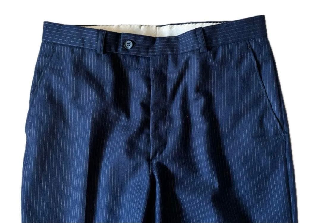 60s 70s VINTAGE ウール ストライプ スラックス ネイビー パンツ