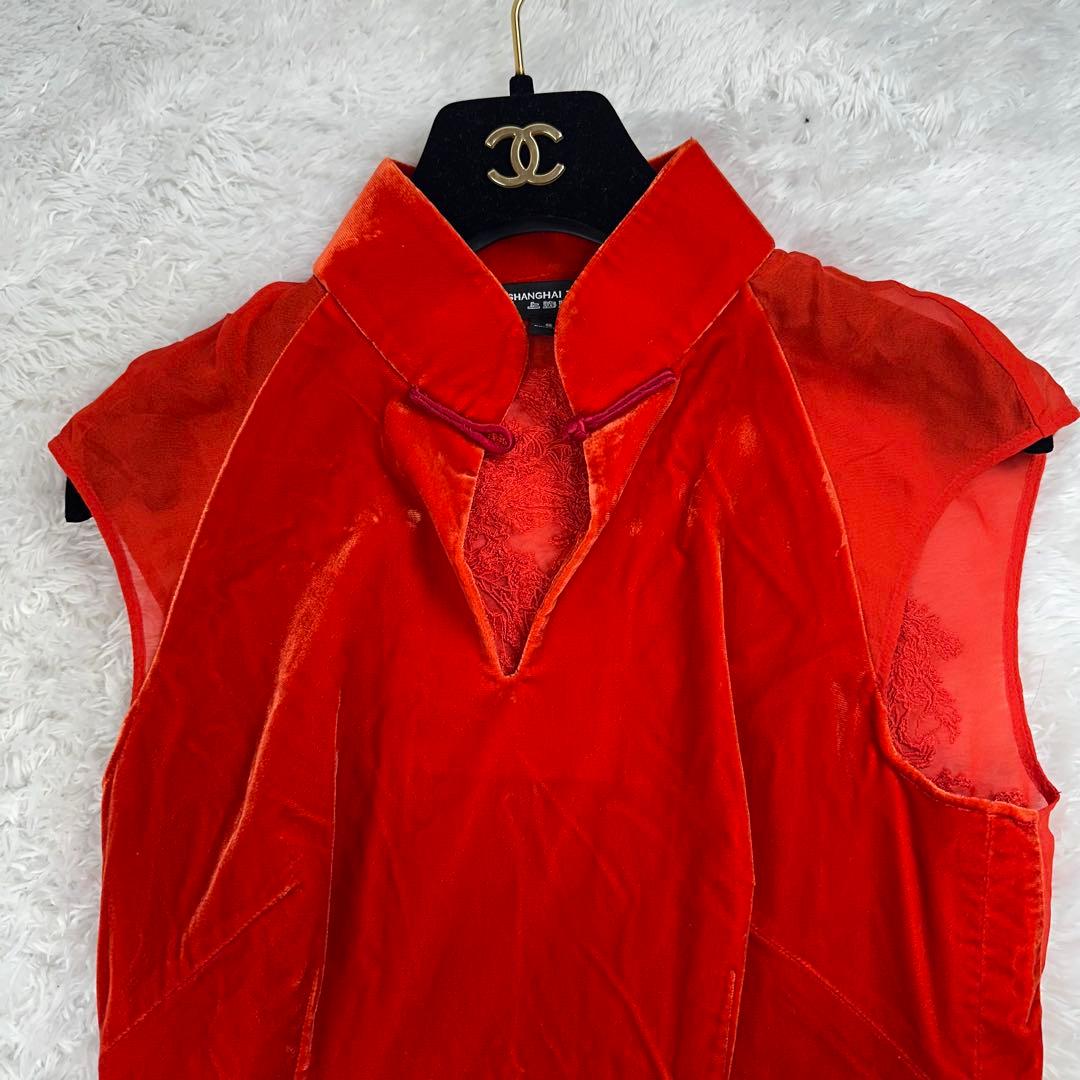 シャンハイタン　30周年記念　ロングワンピース　ベロア　チャイナドレス　赤　S