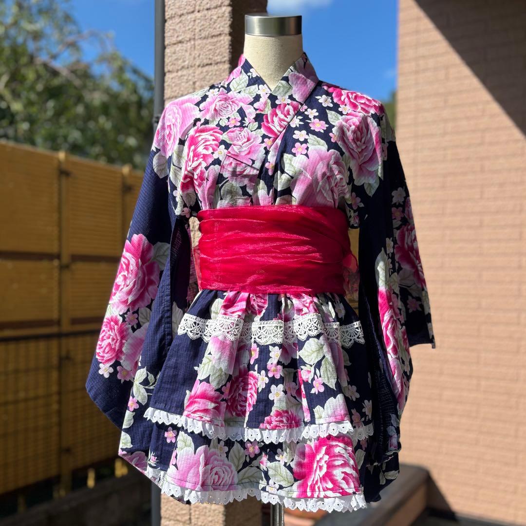 浴衣ドレス 2段スカート 紺地ネイビー青ピンク 地雷ギャル 姫ギャル 平成ギャル