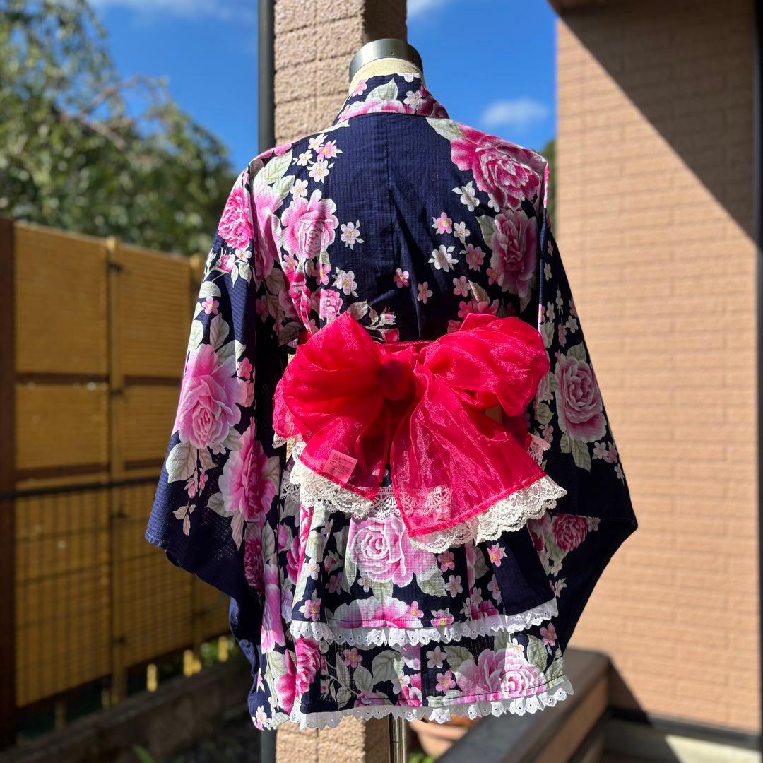 浴衣ドレス 2段スカート 紺地ネイビー青ピンク 地雷ギャル 姫ギャル 平成ギャル