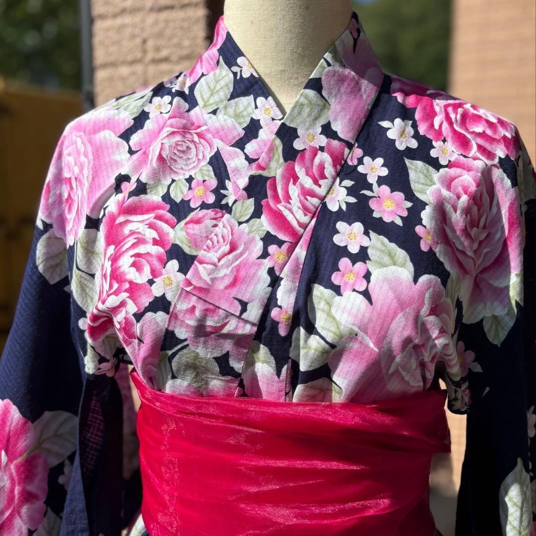 浴衣ドレス 2段スカート 紺地ネイビー青ピンク 地雷ギャル 姫ギャル 平成ギャル