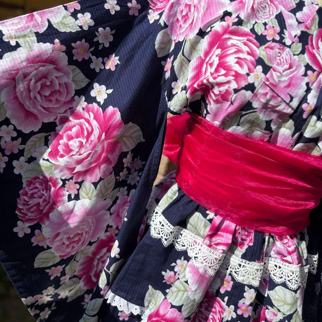 浴衣ドレス 2段スカート 紺地ネイビー青ピンク 地雷ギャル 姫ギャル 平成ギャル