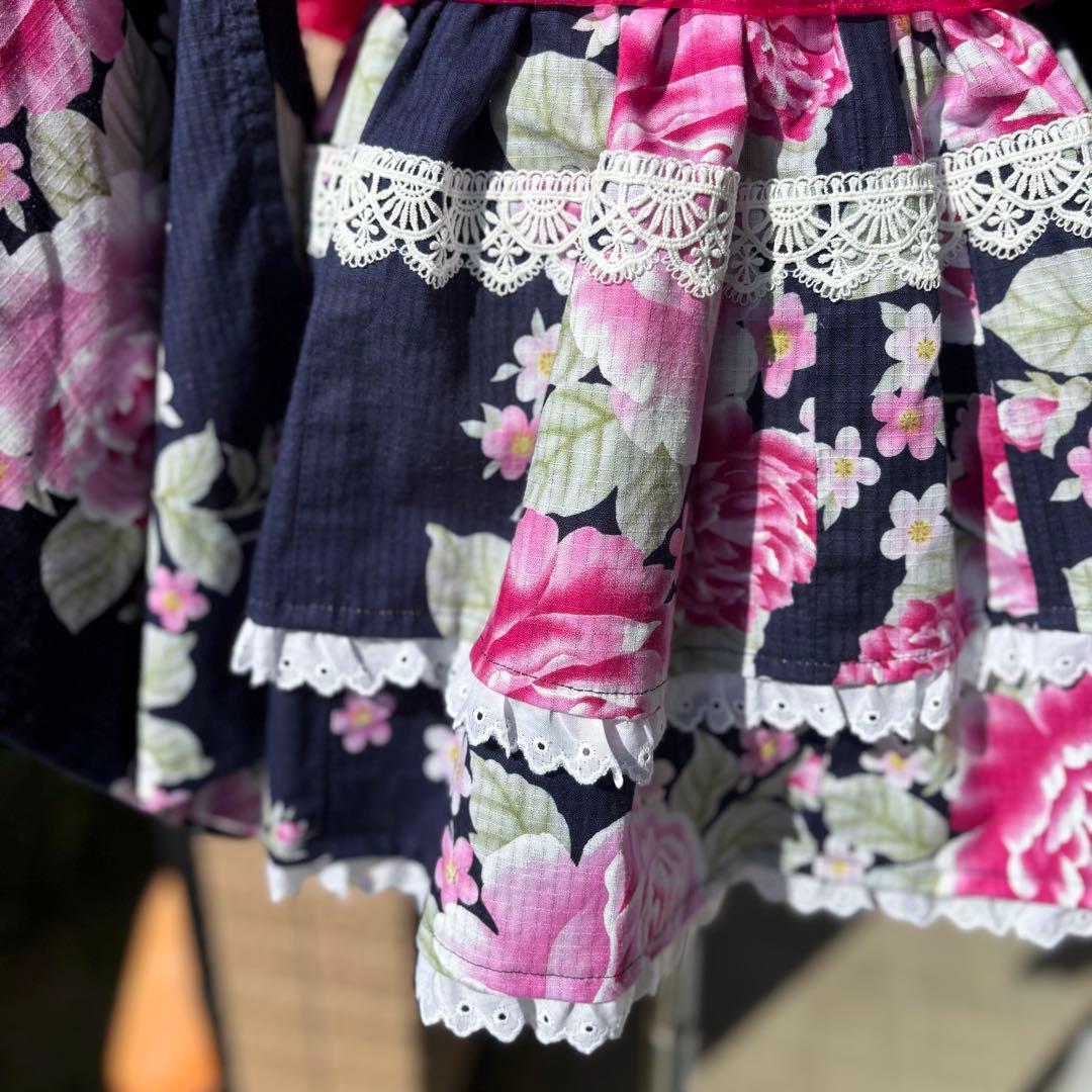 浴衣ドレス 2段スカート 紺地ネイビー青ピンク 地雷ギャル 姫ギャル 平成ギャル