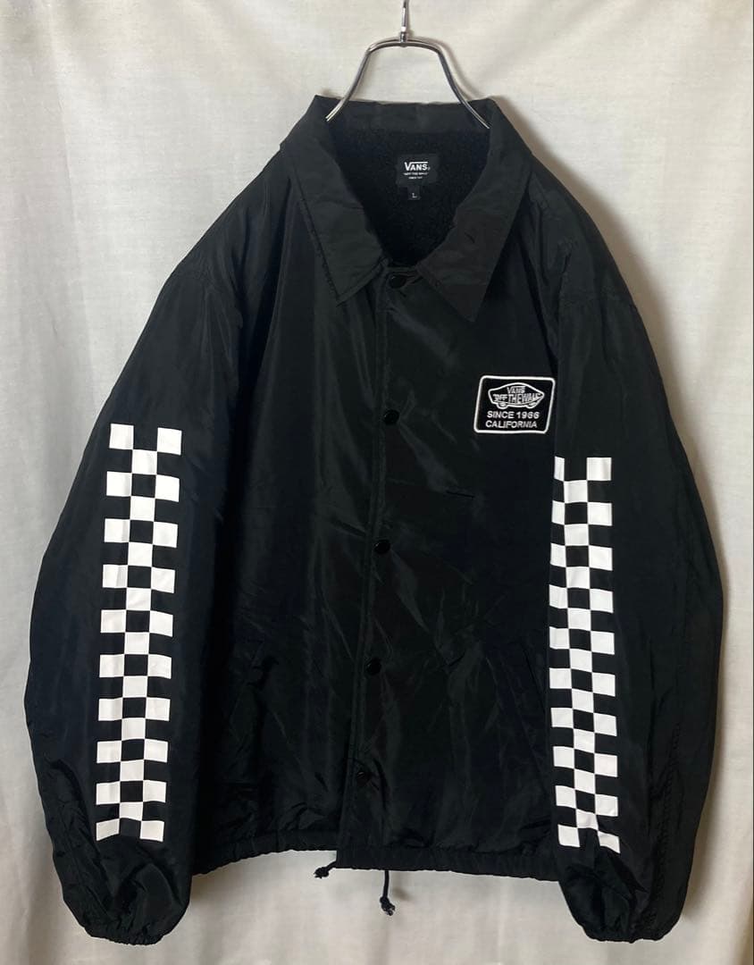 VANSチェッカーフラッグ×裏ボア×中綿ブラックナイロンコーチジャケットゆったり