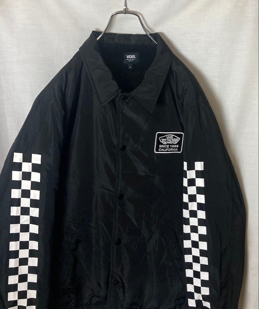 VANSチェッカーフラッグ×裏ボア×中綿ブラックナイロンコーチジャケットゆったり