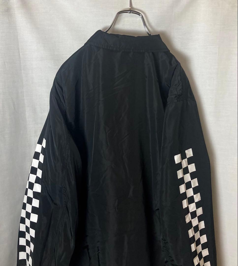 VANSチェッカーフラッグ×裏ボア×中綿ブラックナイロンコーチジャケットゆったり