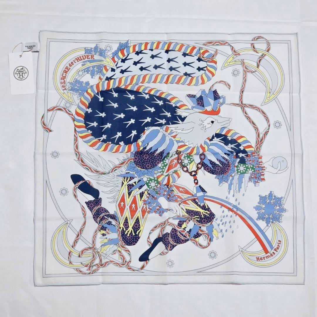 極美品 ★HERMES★ ハンカチ 冬の祭典 綿100％ ホワイト ブルー 箱