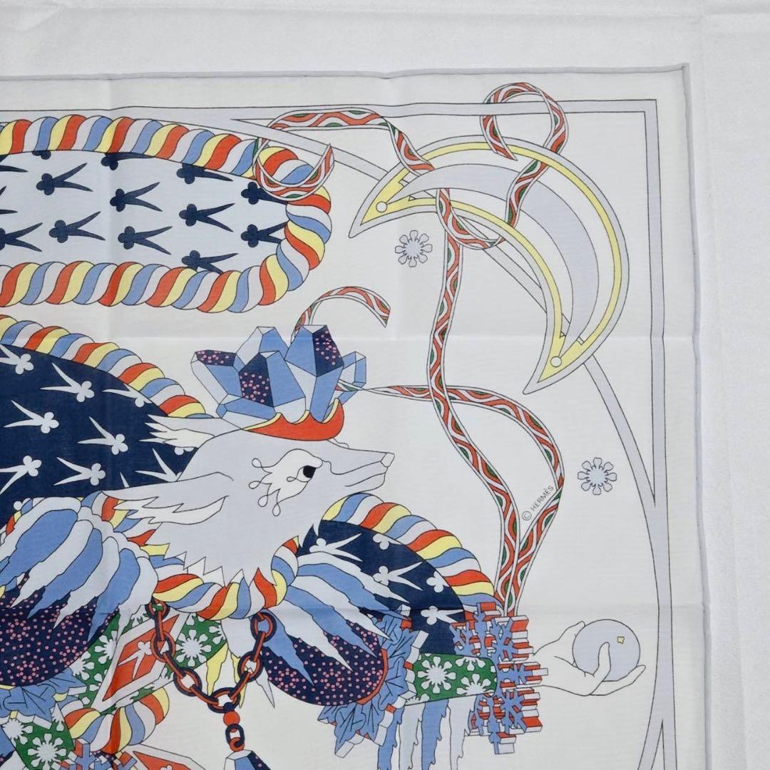 極美品 ★HERMES★ ハンカチ 冬の祭典 綿100％ ホワイト ブルー 箱