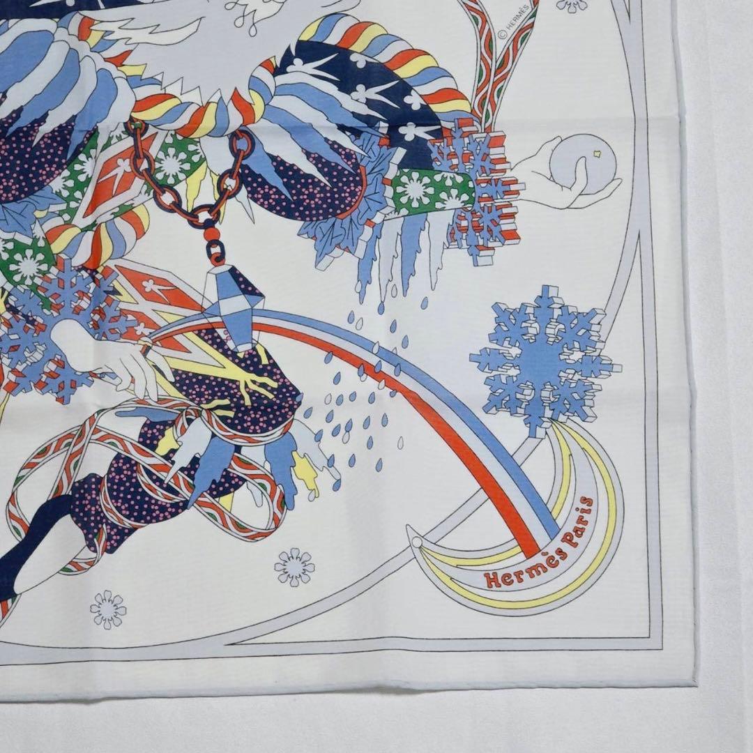 極美品 ★HERMES★ ハンカチ 冬の祭典 綿100％ ホワイト ブルー 箱