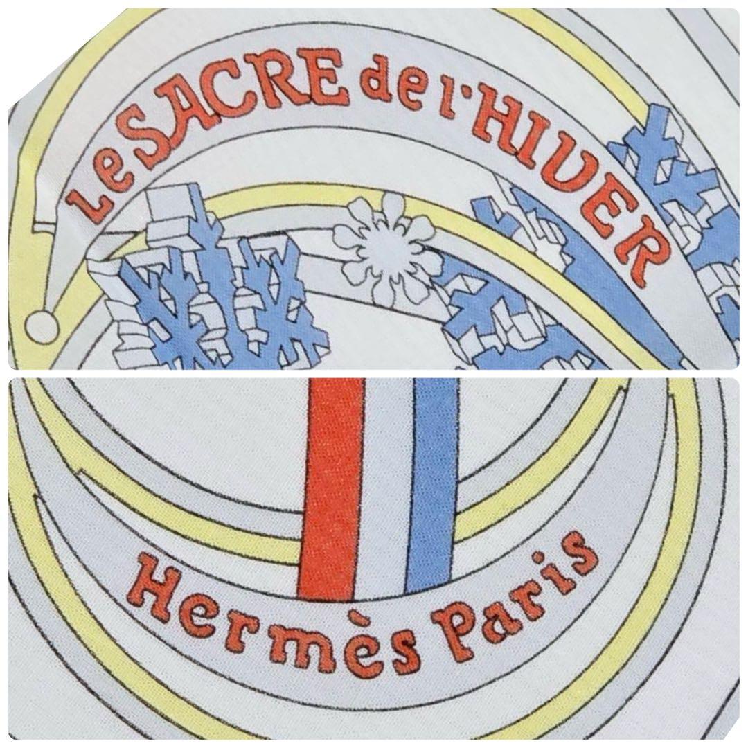 極美品 ★HERMES★ ハンカチ 冬の祭典 綿100％ ホワイト ブルー 箱