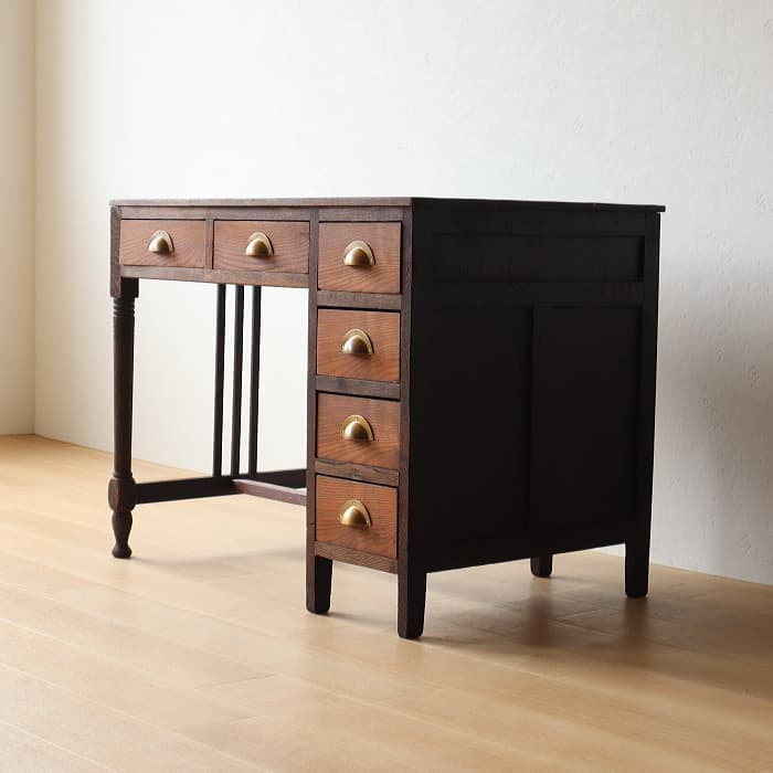 アンティーク ナラ材 ロクロ脚 片袖机 レトロ 真鍮金具 デスク 古家具