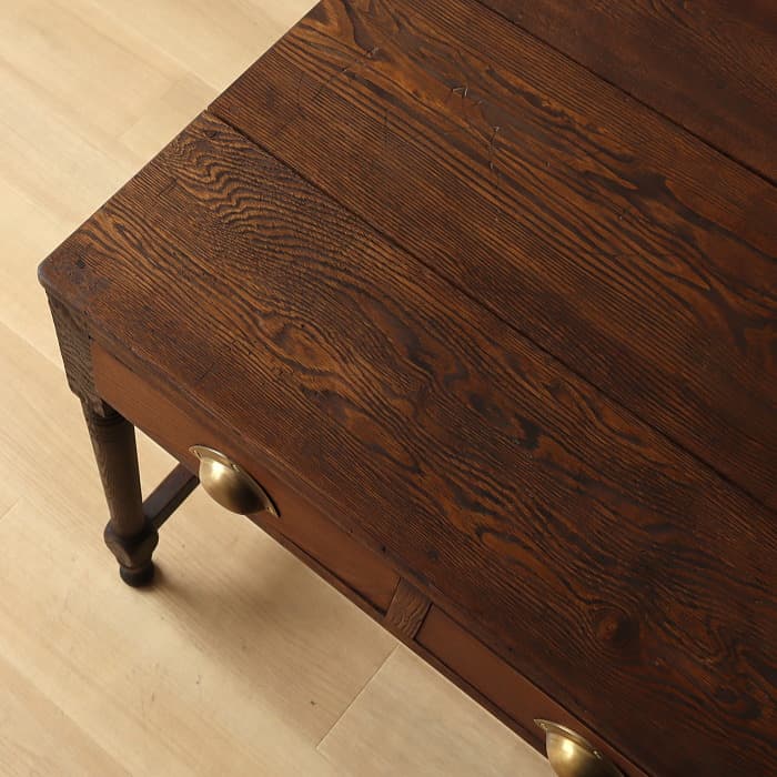 アンティーク ナラ材 ロクロ脚 片袖机 レトロ 真鍮金具 デスク 古家具