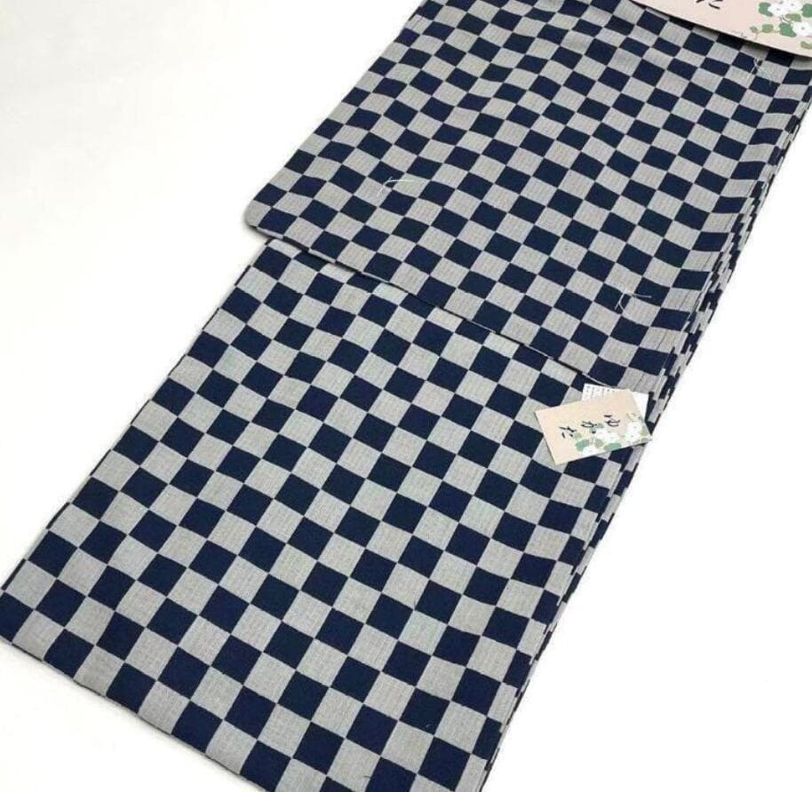 ■最高級しじら織浴衣 市松紺■反物染め抜きの抜染■着物着用可■涼し綿麻浴衣■新品