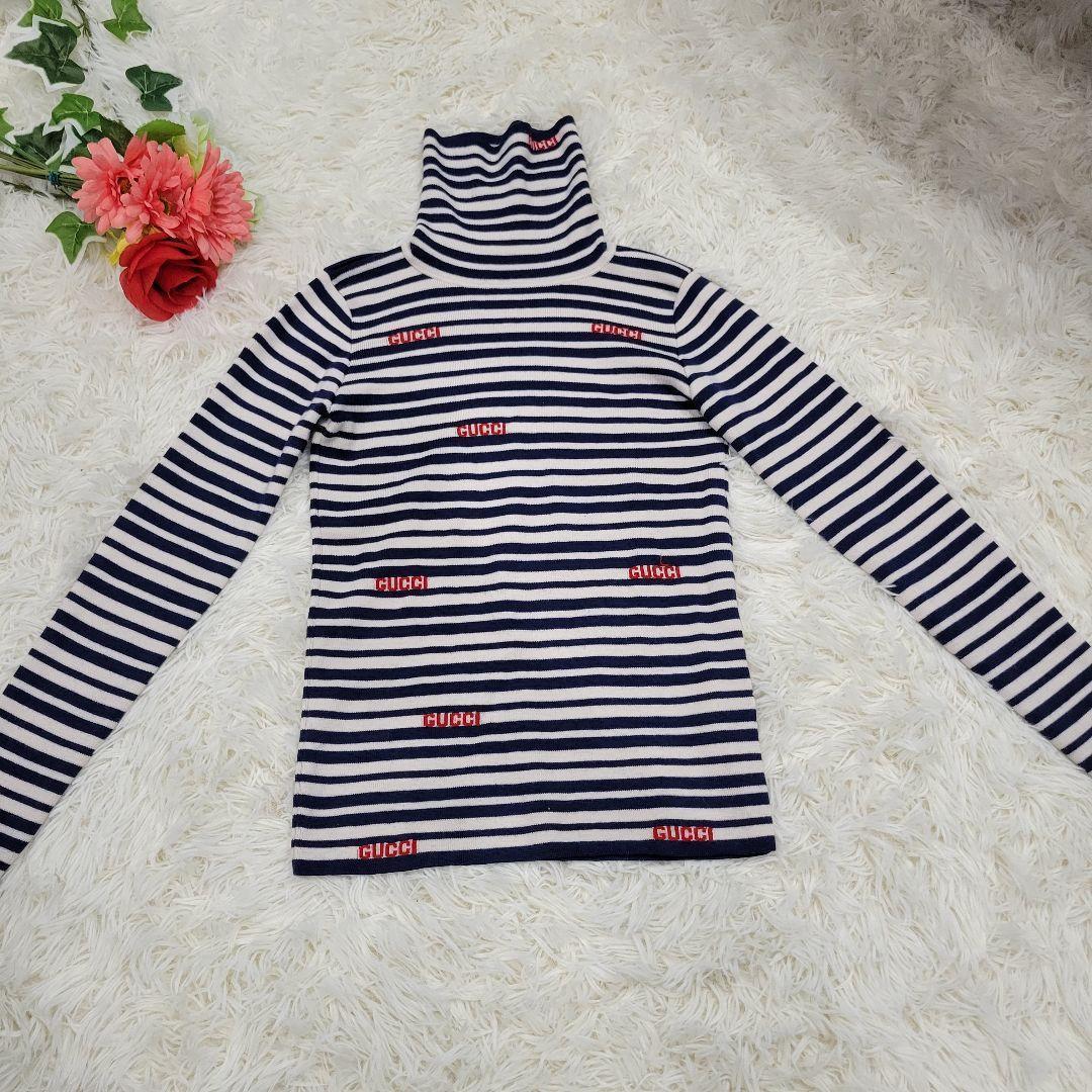 GUCCI　グッチ　ボーダー　ロゴ　ネイビー　ハイネック　ニット　ロングTシャツ