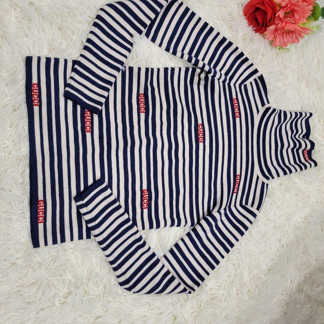 GUCCI　グッチ　ボーダー　ロゴ　ネイビー　ハイネック　ニット　ロングTシャツ
