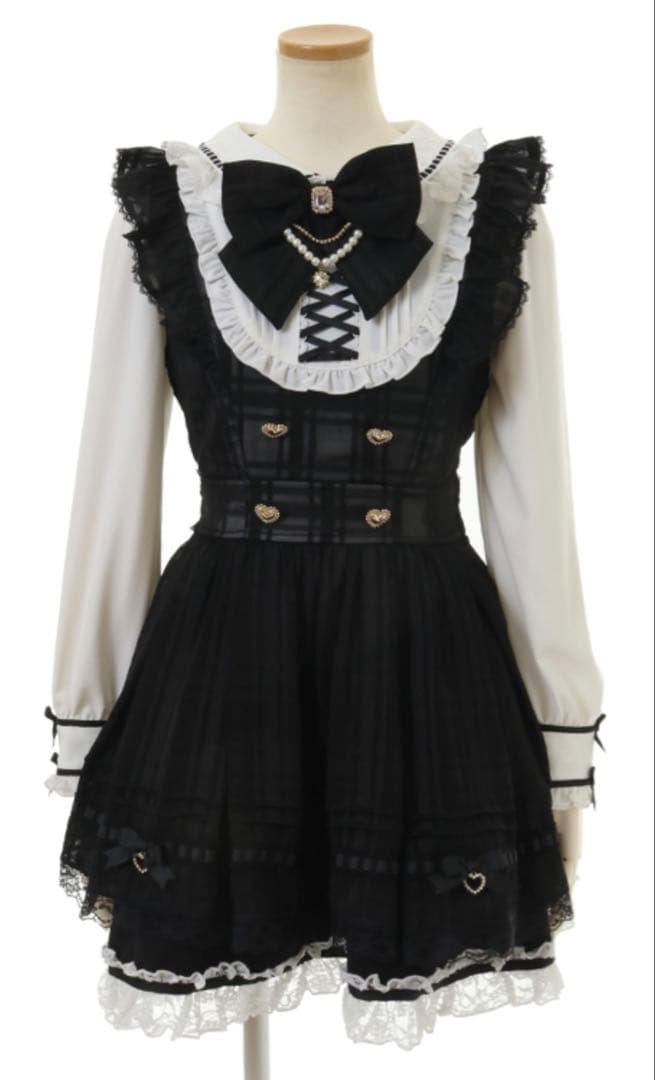 リズリサ シアーチェックエプロンフリルワンピース ブラック