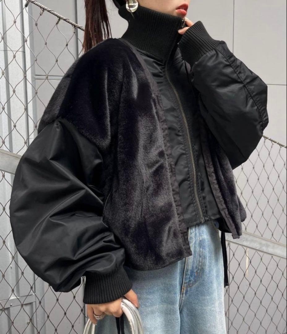 【etsinta】ファー切替ショートスタンドジャケット
