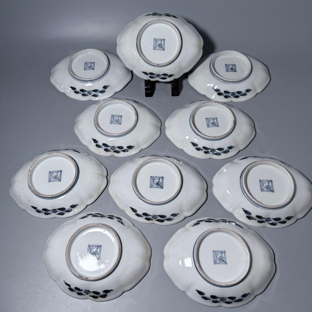 大正〜昭和初期　十二代柿右衛門　錦　丸文様　鳳凰文　変形皿　角福　十枚　希少な器