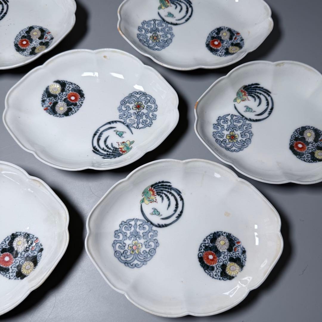 大正〜昭和初期　十二代柿右衛門　錦　丸文様　鳳凰文　変形皿　角福　十枚　希少な器