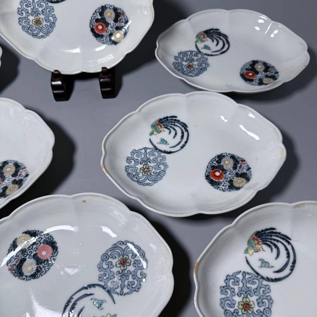 大正〜昭和初期　十二代柿右衛門　錦　丸文様　鳳凰文　変形皿　角福　十枚　希少な器